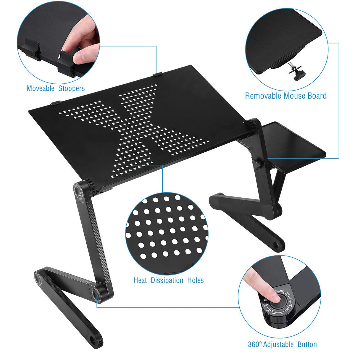 Foldable Laptop Table Bed Notebook Desk with Mouse Board Aluminum Alloy Breakfast Snacking Tray for Home Office Travel Use