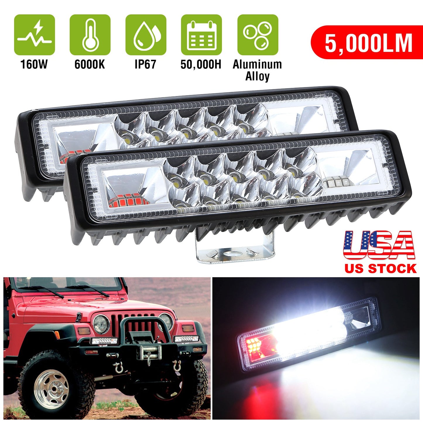6-Inch LED Light Bar 160W with Red & Blue Warning Lights