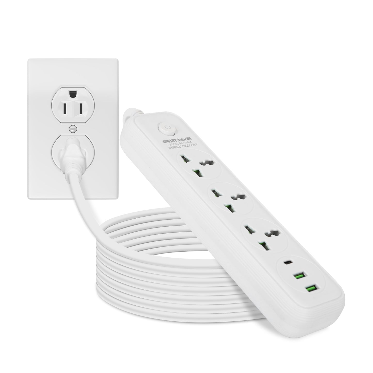 Power Strip with 5.9ft Extension Cord, 3 AC Outlets & USB Ports