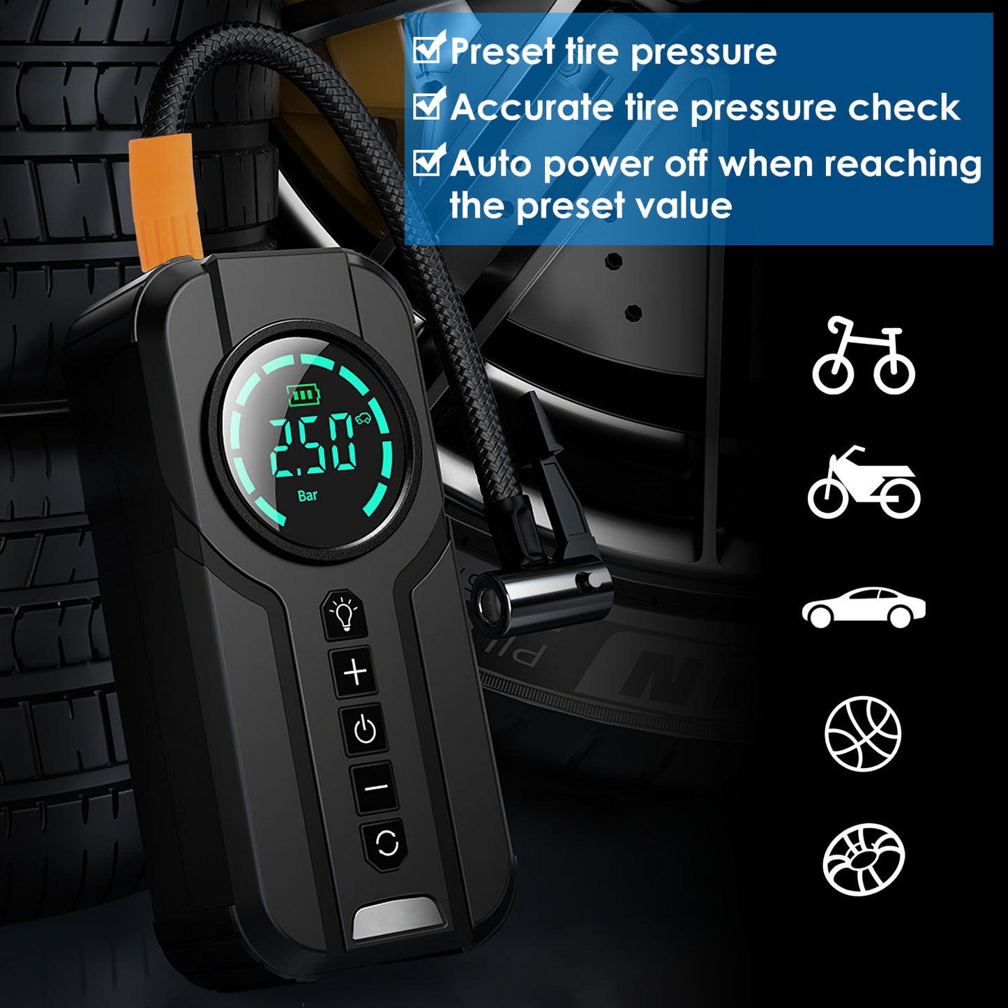 Portable Tire Inflator 150 PSI Wireless Air Compressor with LED