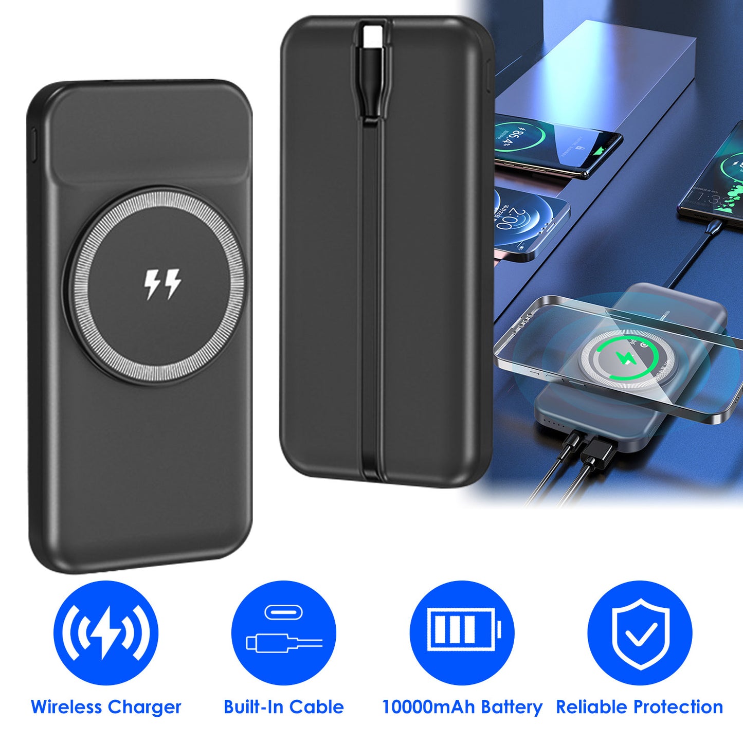 10000mAh Magnetic Wireless Power Bank with Built-In Cable