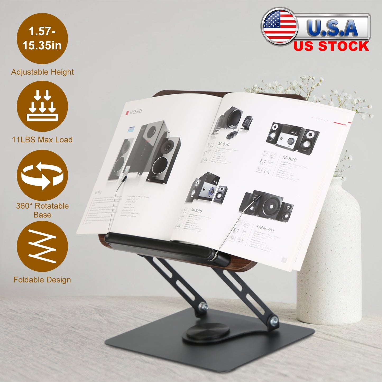 Adjustable Book Stand with 360° Rotatable Base & Paper Clips