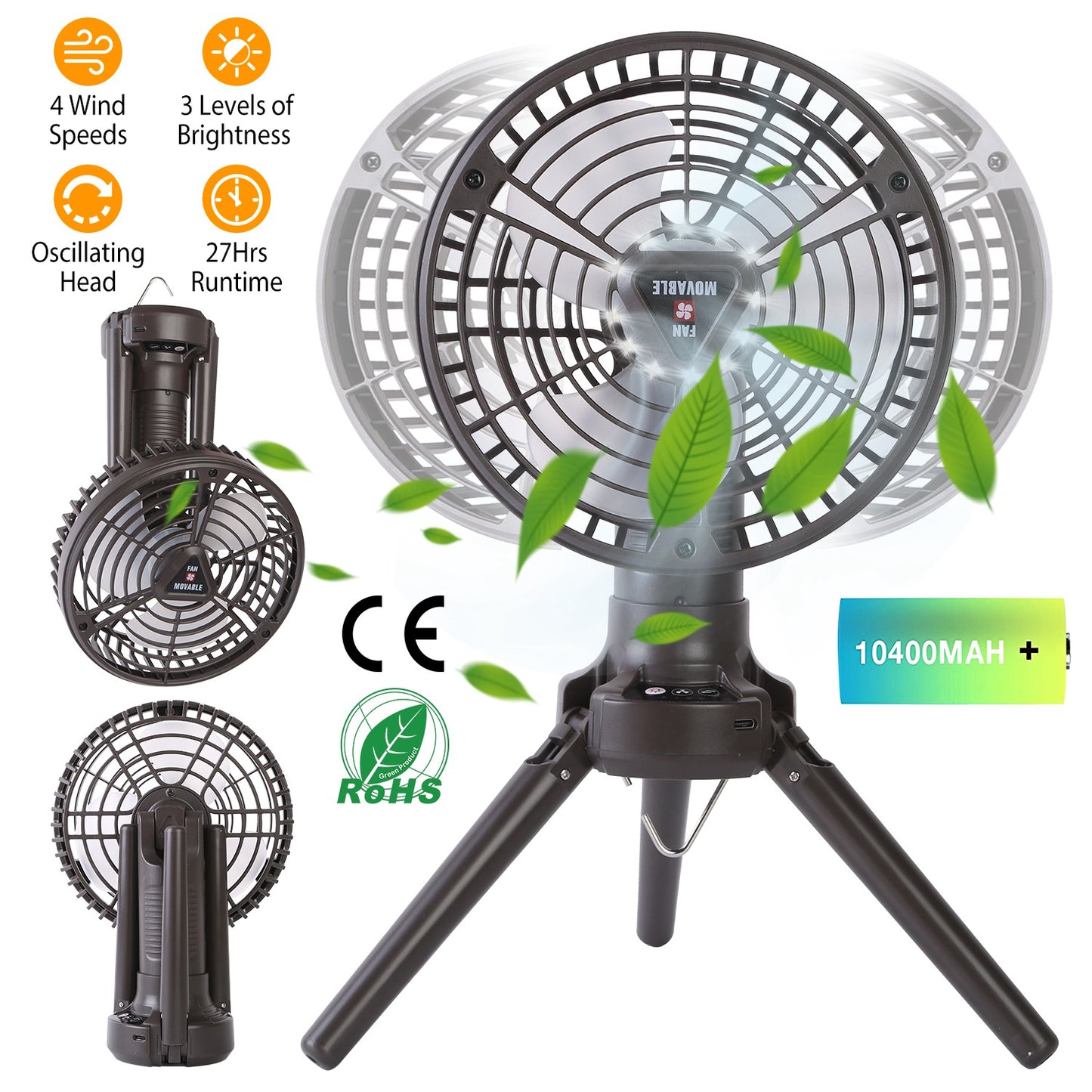 Portable Camping Fan with LED Light and Tripod Stand