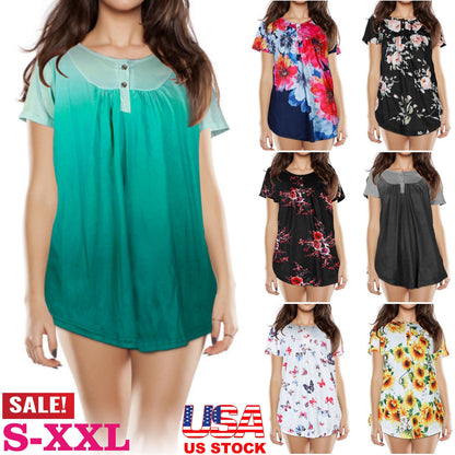 Women Summer Shirts Tops Loose Short Sleeve T Shirts Casual Floral Printed Button Shirts Blouse S-XXL