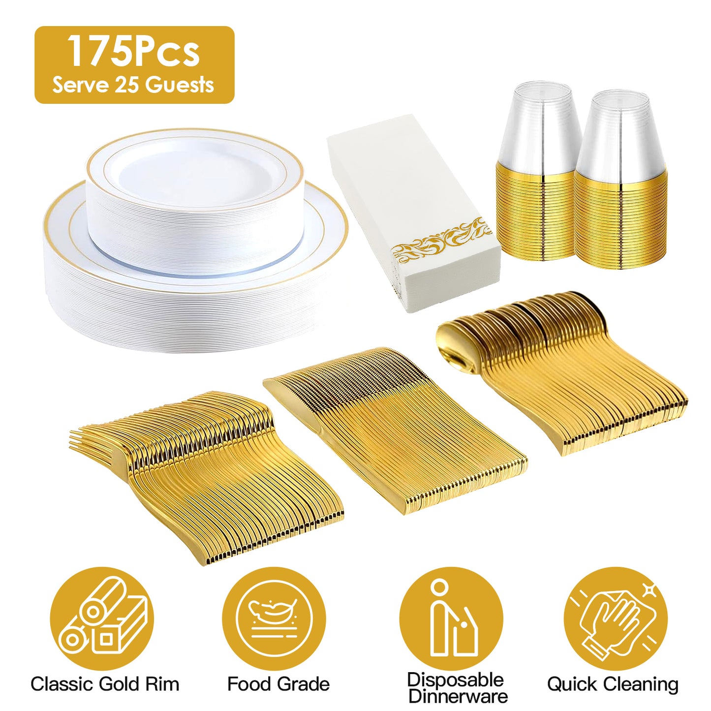 Disposable Gold Rim Dinnerware Set - 175 Pieces for 25 Guests
