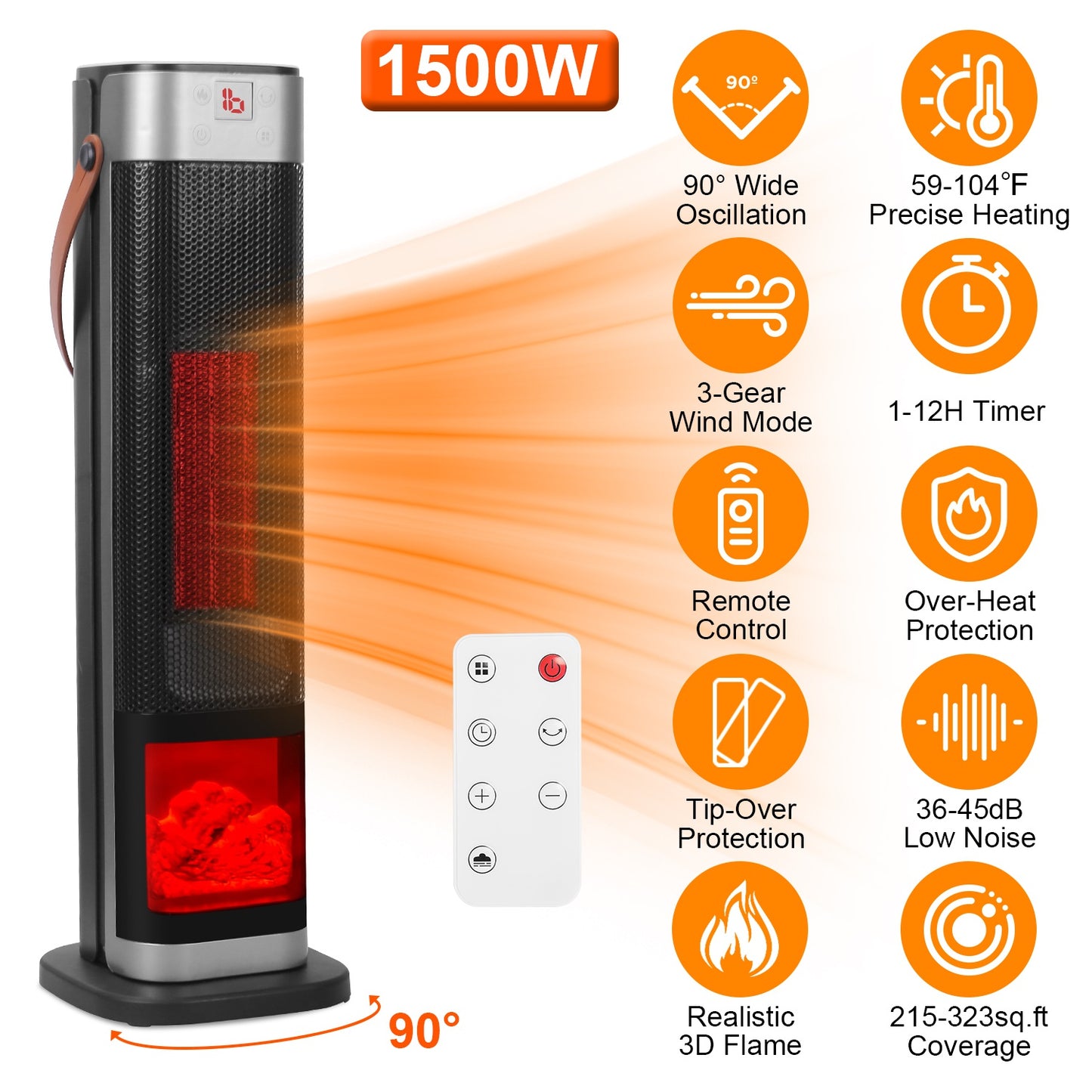 Oscillating Ceramic Tower Space Heater with Remote Control