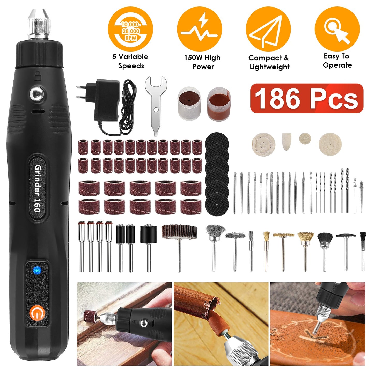 Corded Rotary Tool Set 186-Piece with 5 Variable Speeds