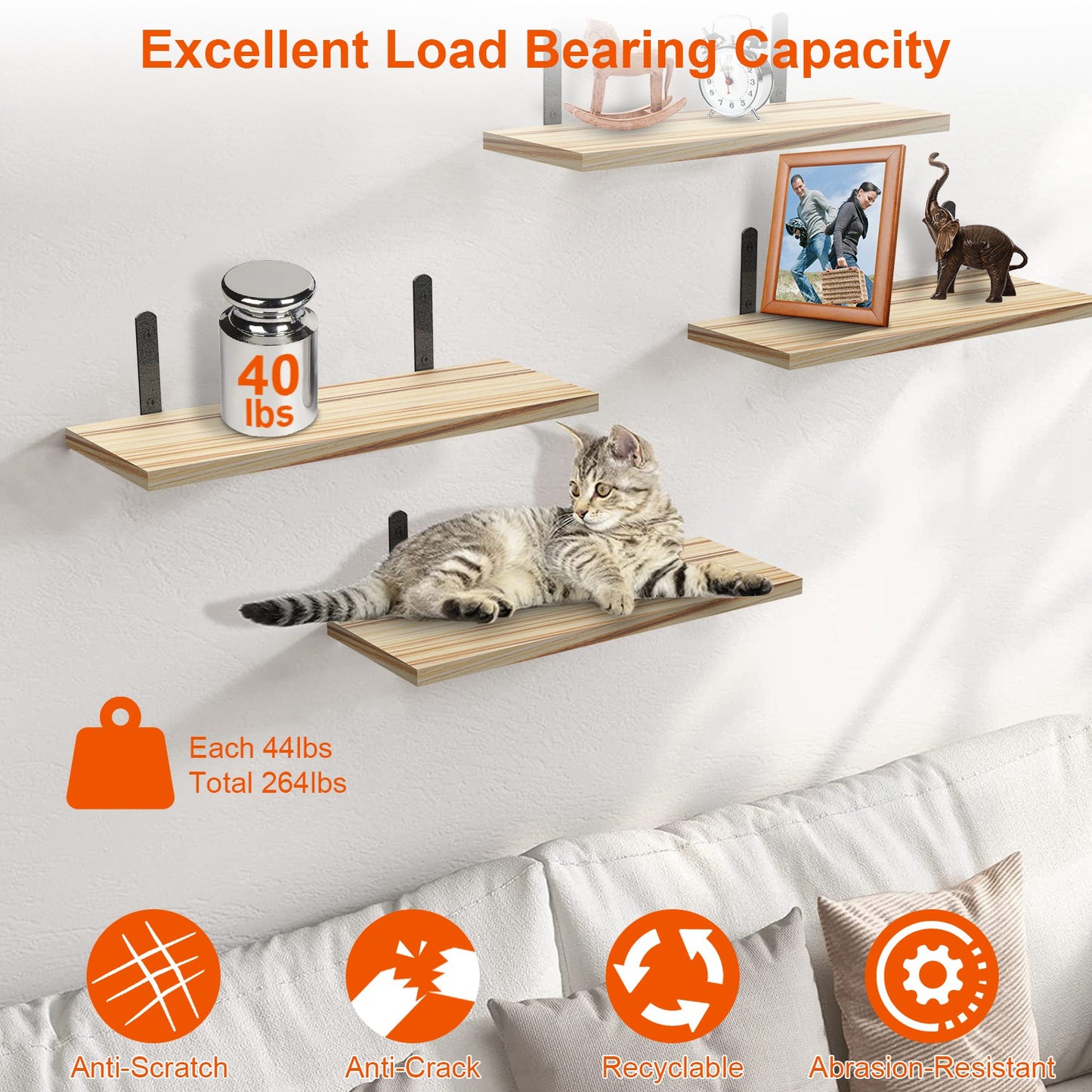 Floating Wall Shelves Set of 6 - Wood & Metal Storage Organizer