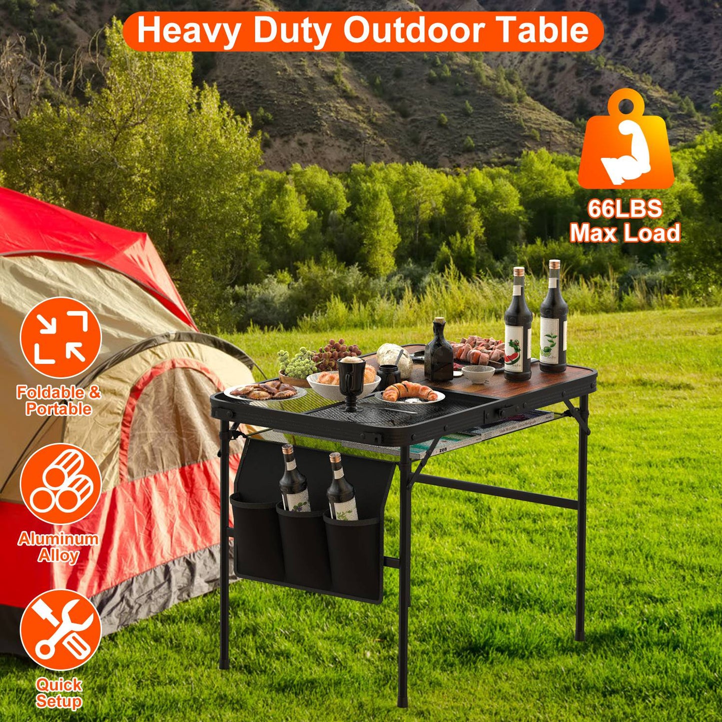 Foldable Camping Table with Adjustable Height & Storage Net