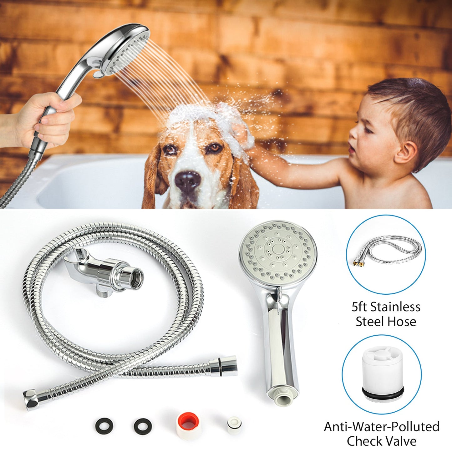 Handheld Shower Head with 5 Spray Settings & Steel Hose