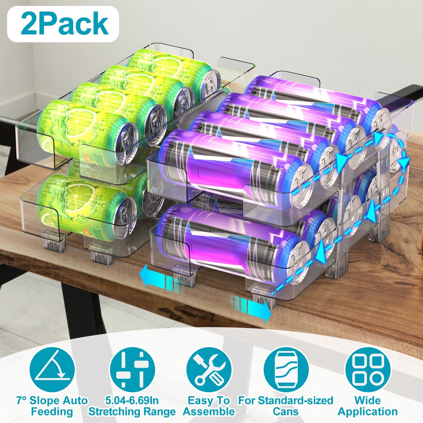 Adjustable Soda Can Organizer 2-Pack with Auto-Rolling Dispenser