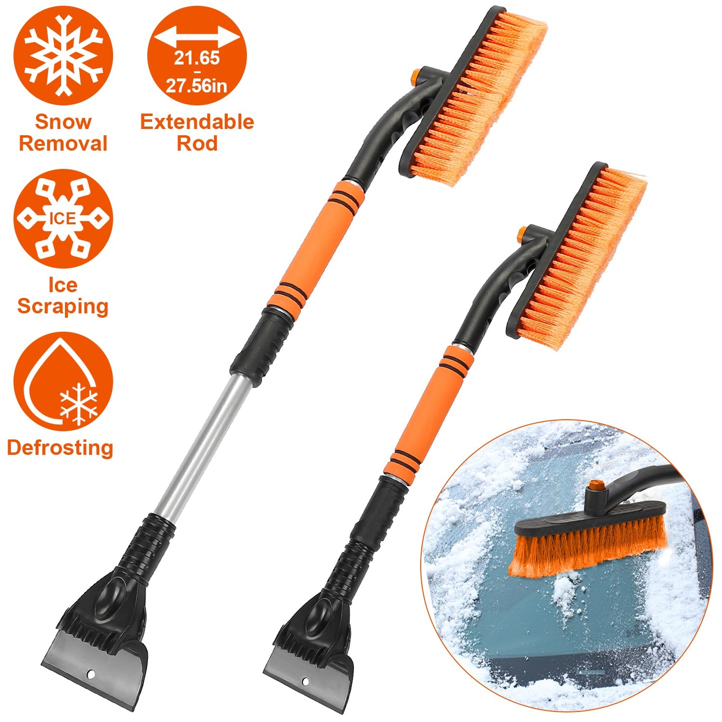 Extendable Snow Brush and Ice Scraper with Pivoting Head