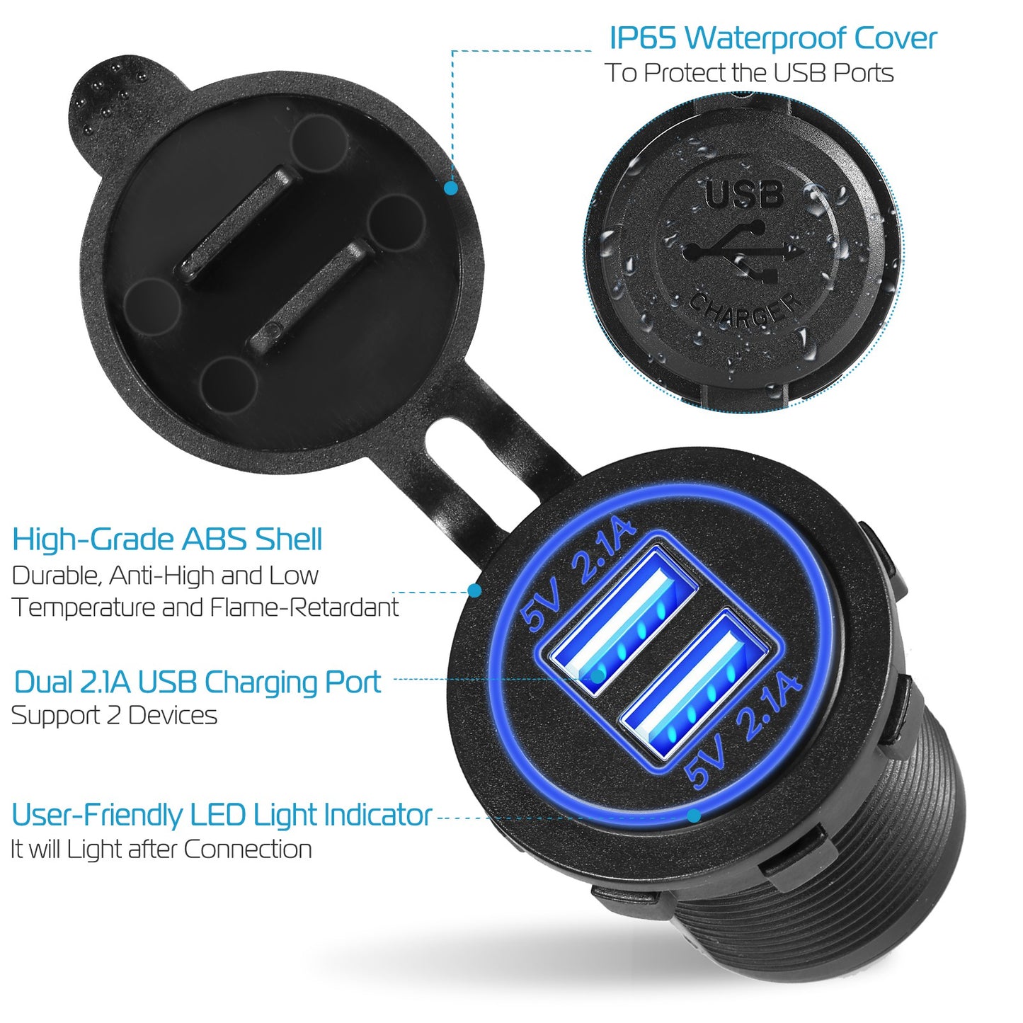 Dual USB Car Charger 12-24V Waterproof Cigarette Lighter Socket