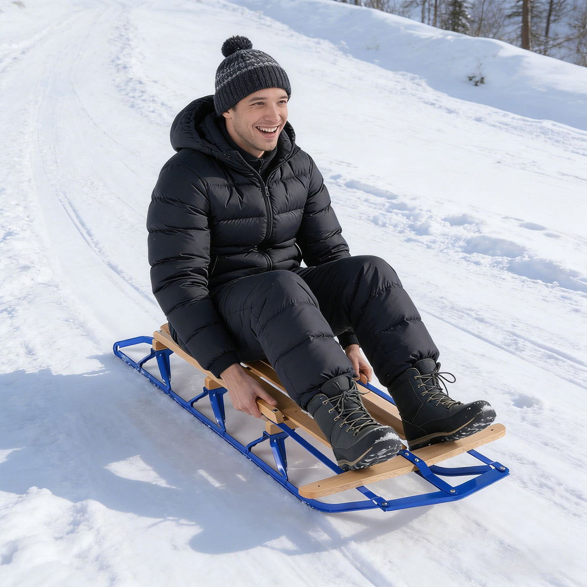 54 Inch Wood Snow Sled with Metal Runners and Steering Bar