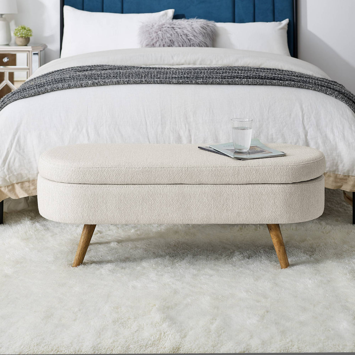 Oval Storage Ottoman Bench, Upholstered Storage Bench with Rubberwood Legs, Multifunctional Entryway Bench for Bedroom L