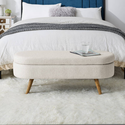 Oval Storage Ottoman Bench, Upholstered Storage Bench with Rubberwood Legs, Multifunctional Entryway Bench for Bedroom L