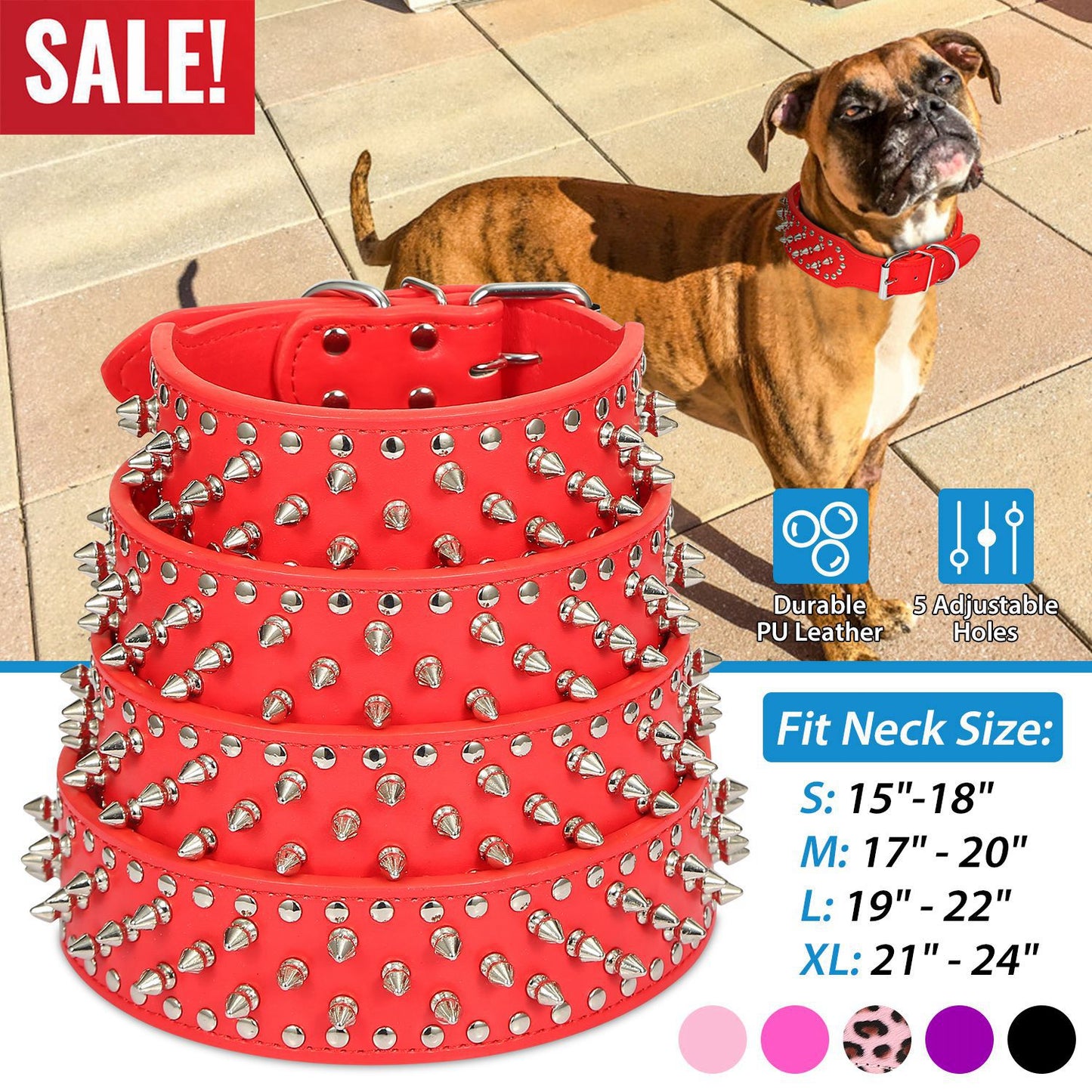 Spiked Dog Collar - Adjustable PU Leather with Studs