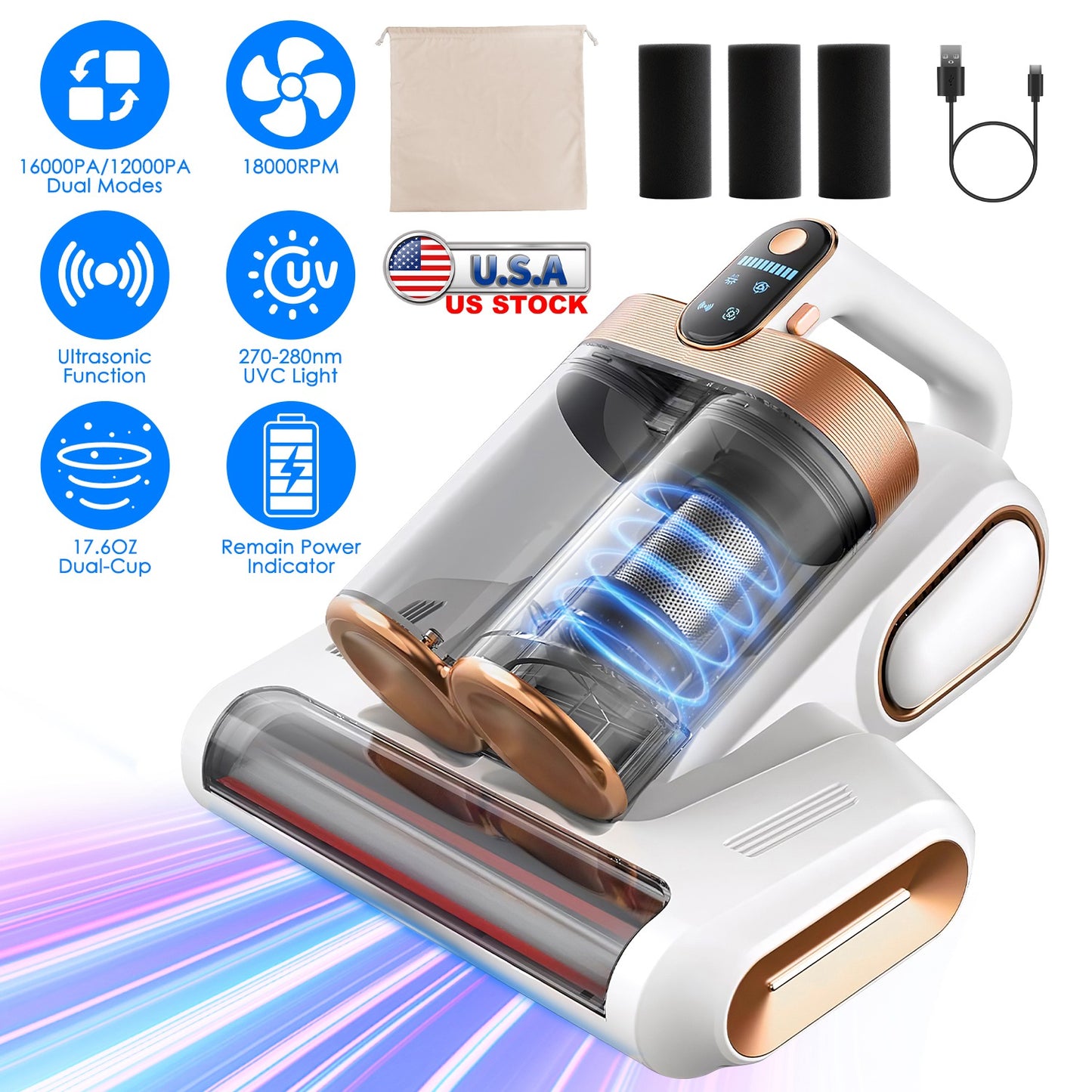 Mattress Vacuum Cleaner with UV Light & 16KPA Suction