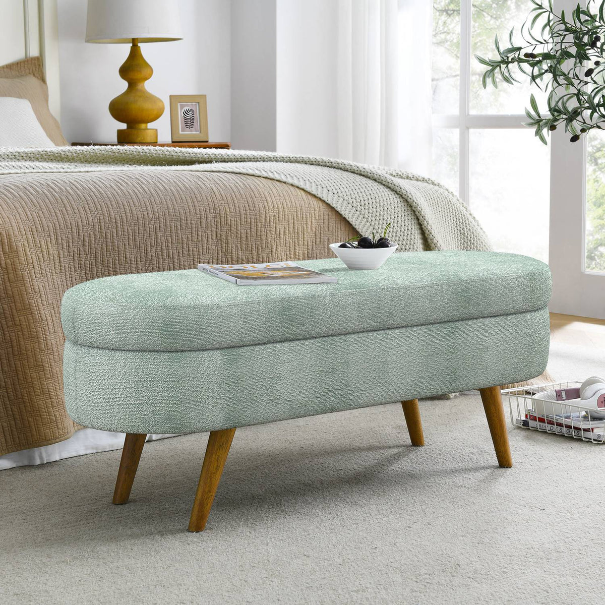 Oval Storage Ottoman Bench with Rubberwood Legs