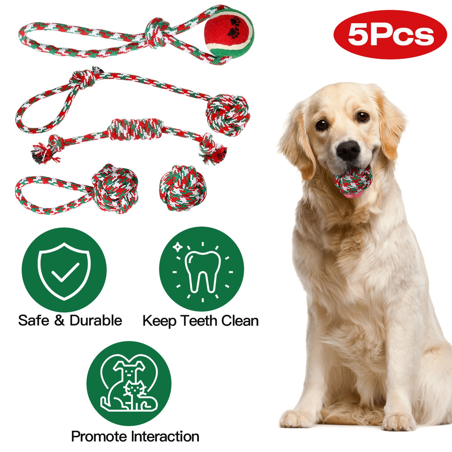Dog Rope Chew Toys Set - 5 Piece Christmas Interactive Play