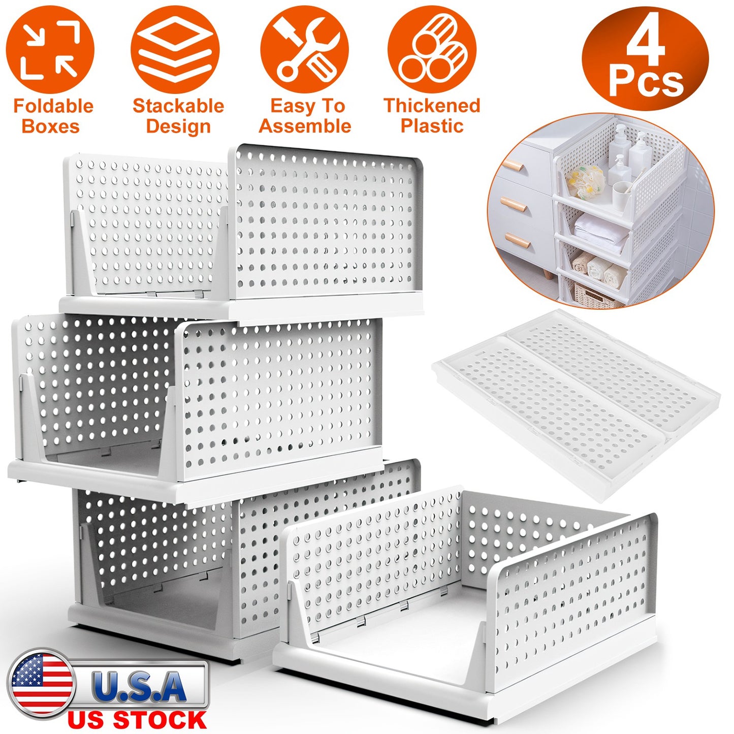 Plastic Storage Bins with Slide Rails - 4 Pack Stackable