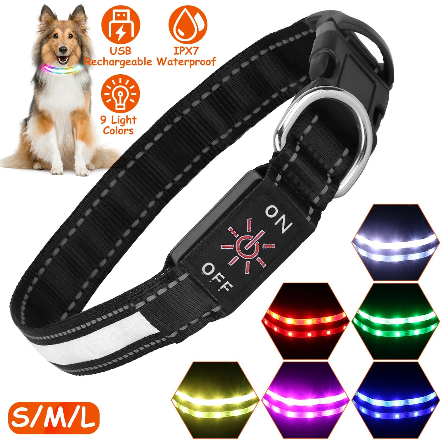 LED Dog Collar with 9 Light Colors - USB Rechargeable Waterproof