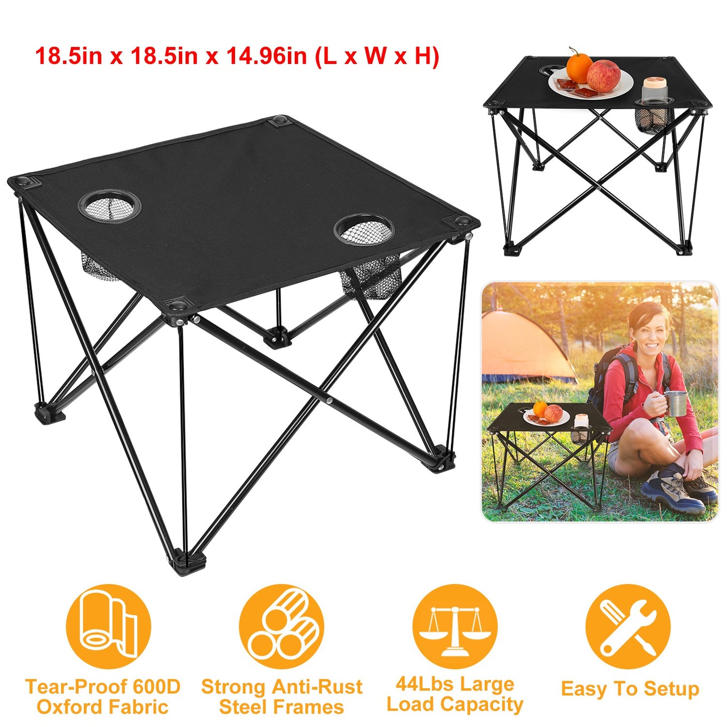 Foldable Camping Table with Cup Holders & Carry Bag (2-Pack)