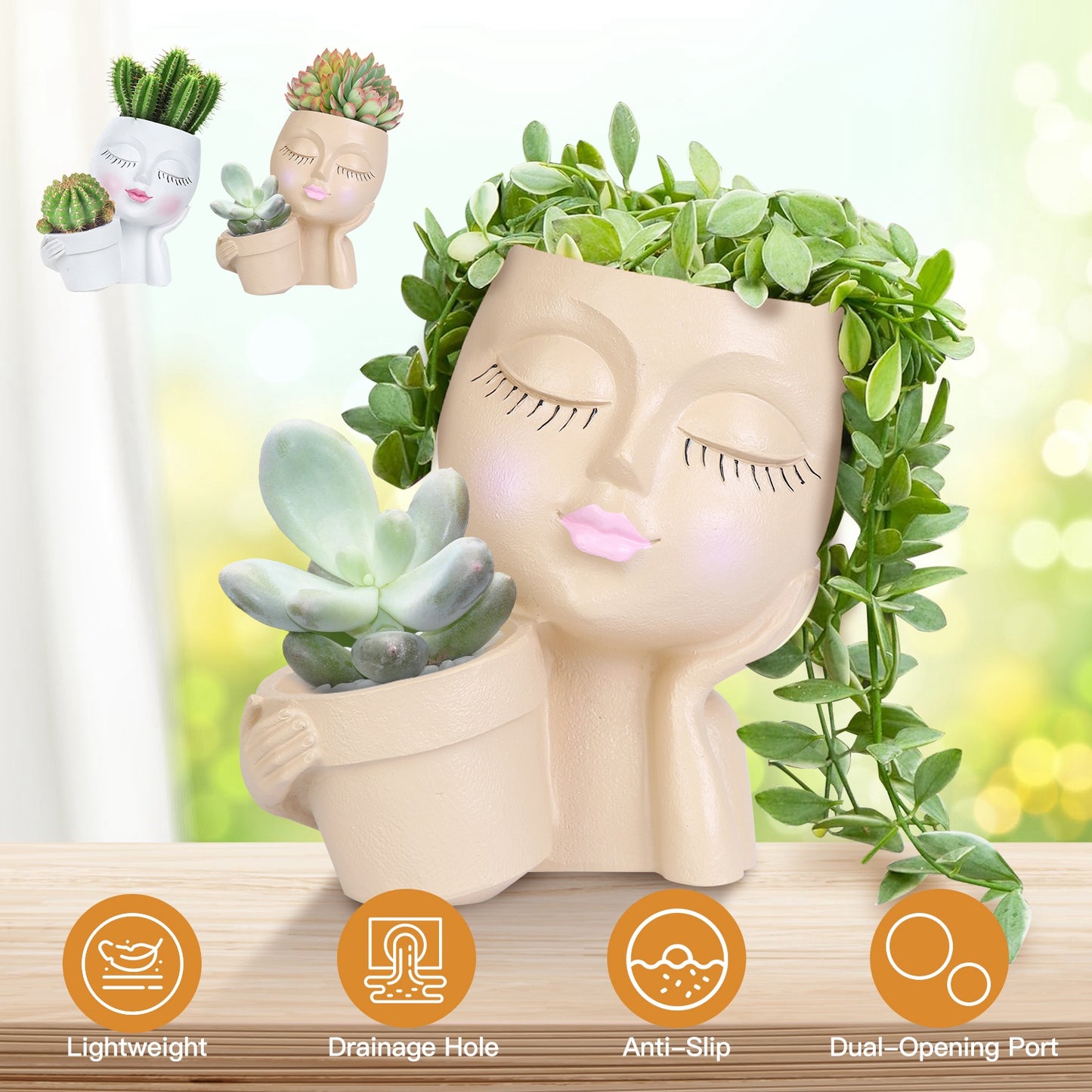 Girl Face Planter Pot with Dual Opening & Drainage Hole
