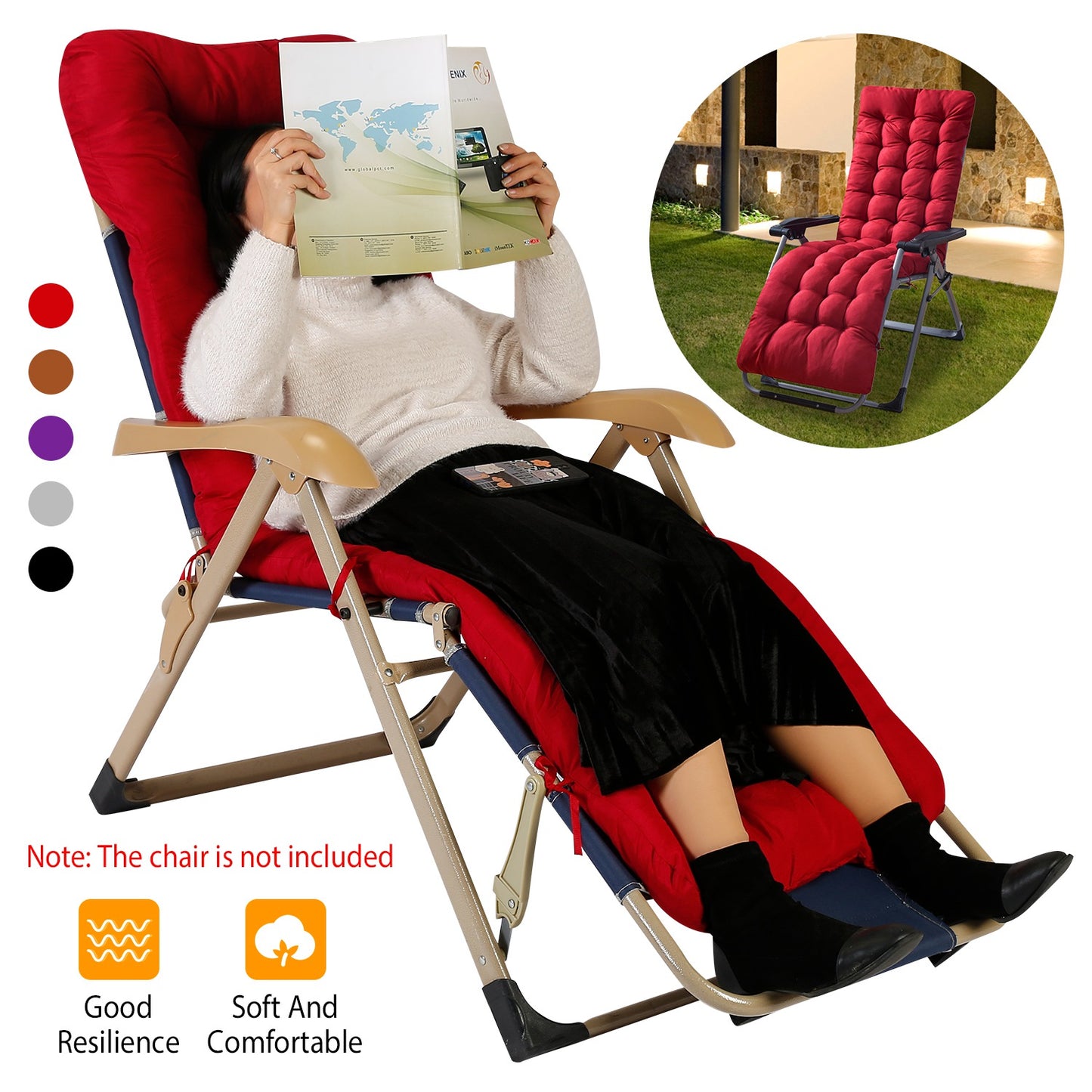Chaise Lounger Cushion 67x22in with Secure Straps