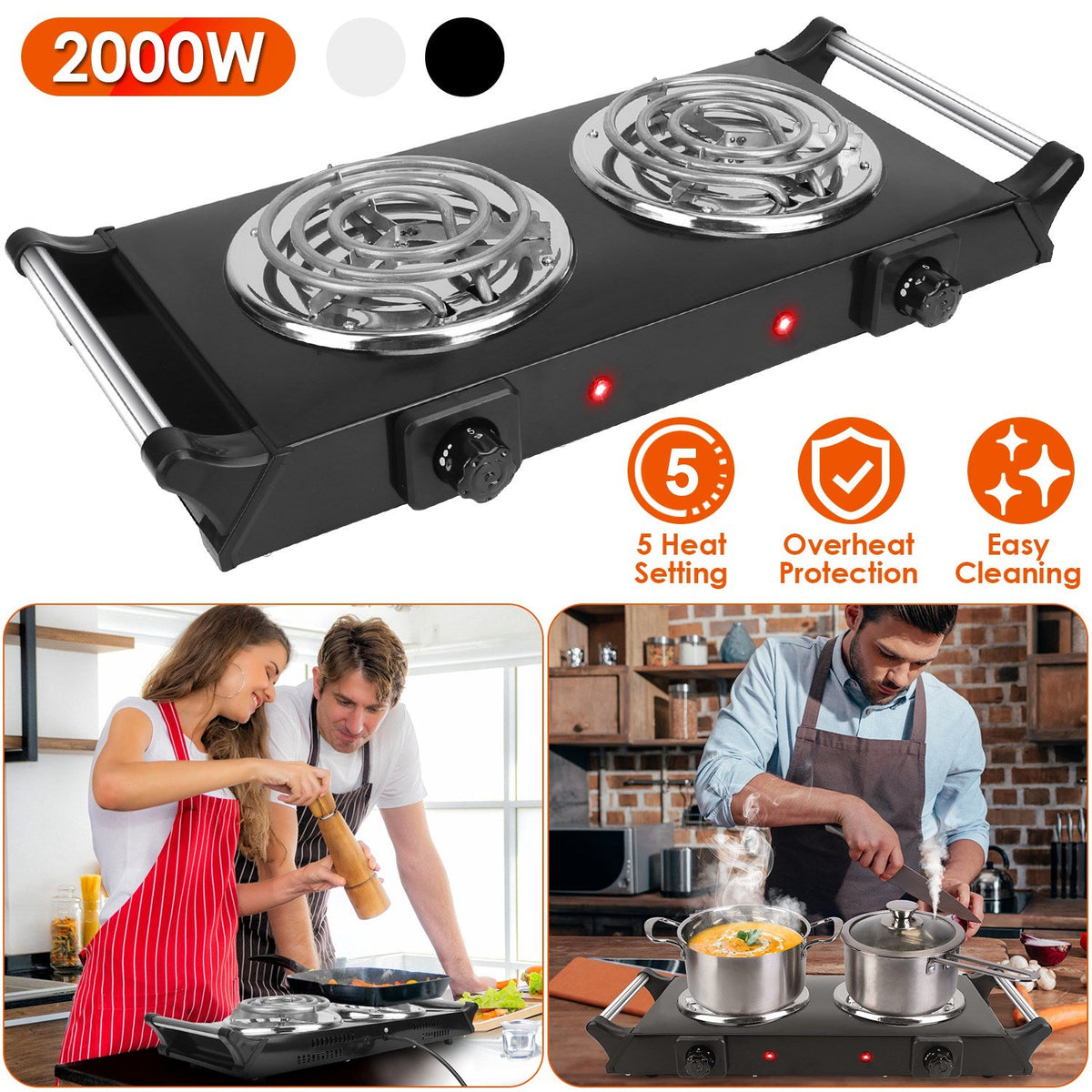 2000W Electric Dual Burner Portable Coil Heating Hot Plate Stove Countertop RV Hotplate with 5 Temperature Adjustments Portable Handles