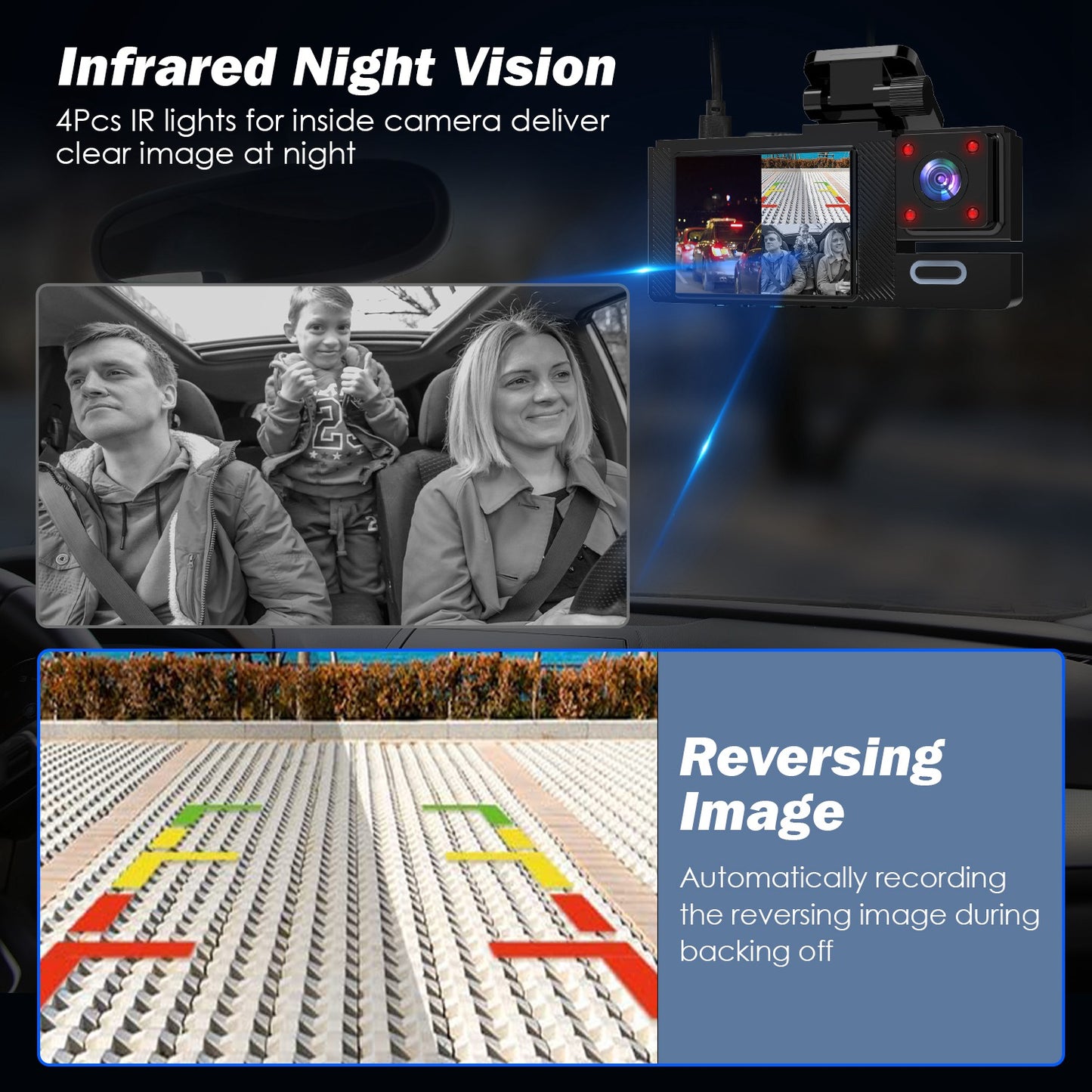 3-Channel Car Dash Cam with WiFi and Night Vision