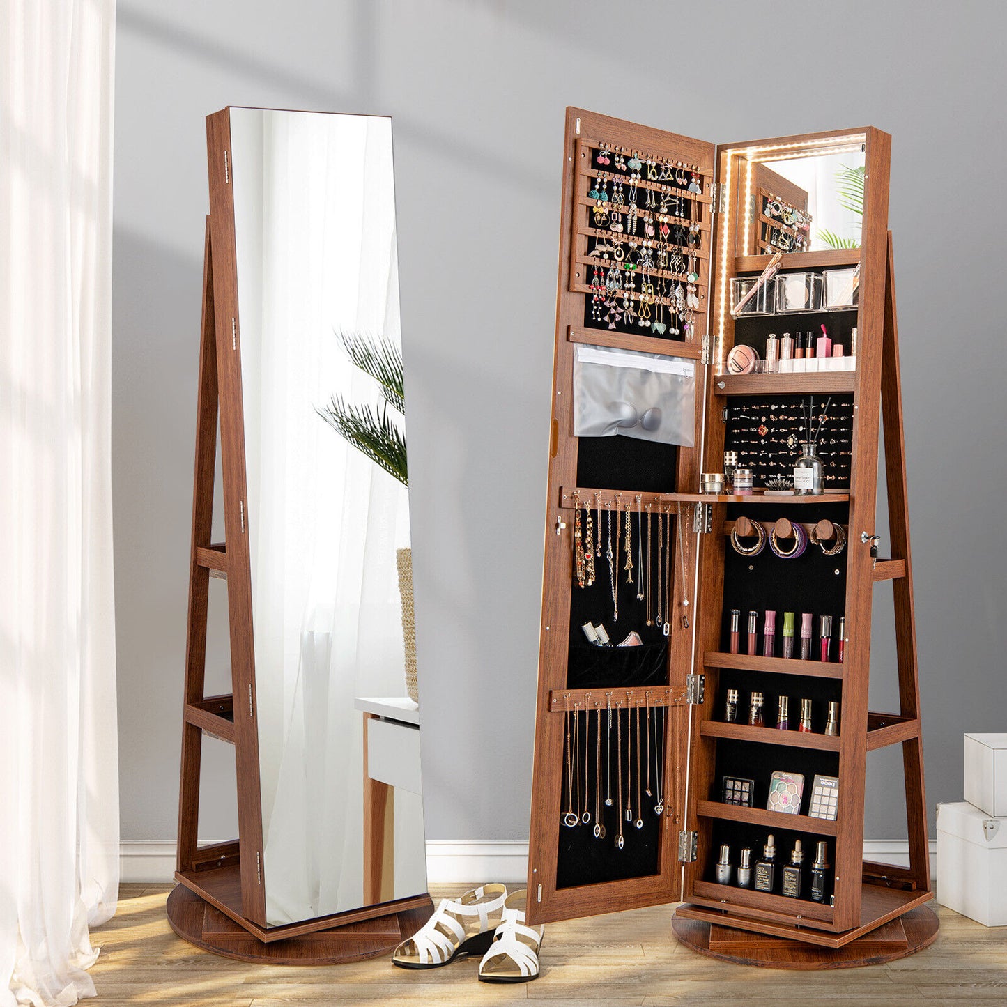 Rotating Mirrored Jewelry Armoire with LED Lighting