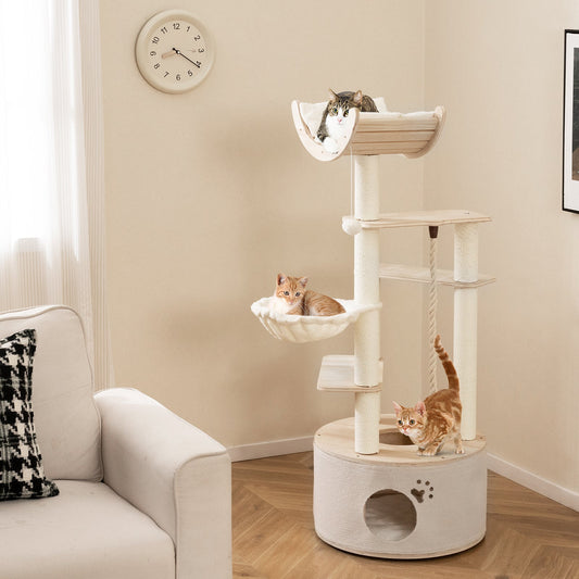 55.5 Inches Tall Wooden Cat Tree with Washable Plush Cushions for Indoor Cats