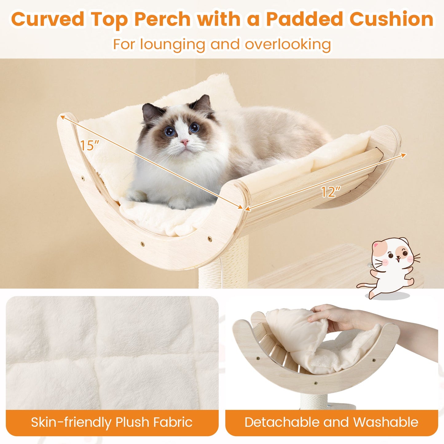55.5 Inches Tall Wooden Cat Tree with Washable Plush Cushions for Indoor Cats