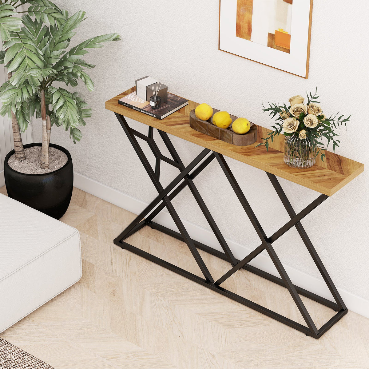 55 Inch Console Table with Solid Metal Frame and Storage-Wood