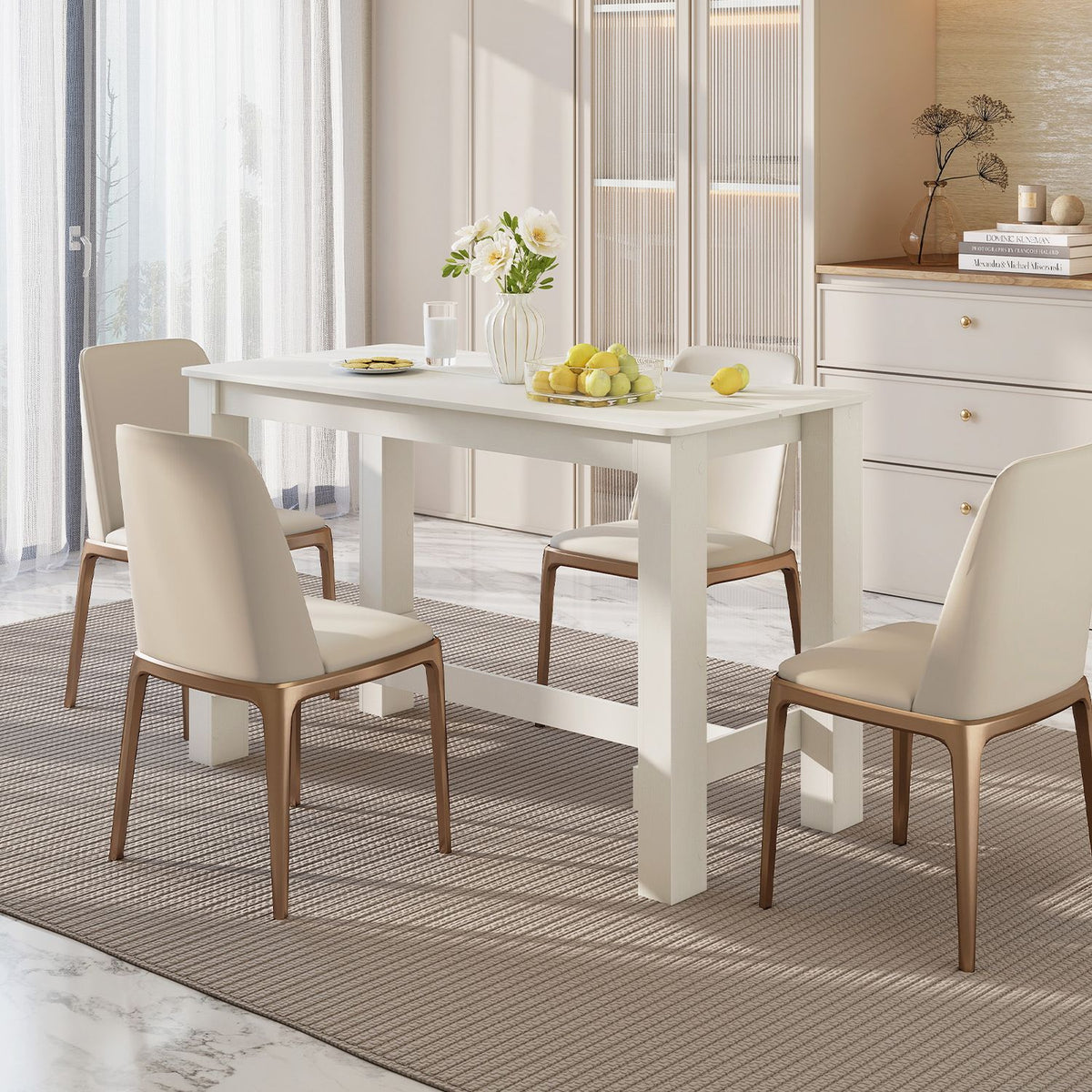 55 Inch Rectangular Farmhouse Kitchen Table for 4-6 People-White