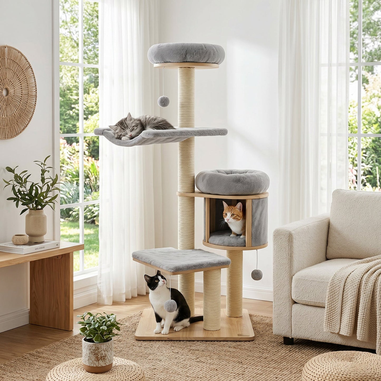 55" Solid Rubber Wood Cat Tree with Condo & Hammock