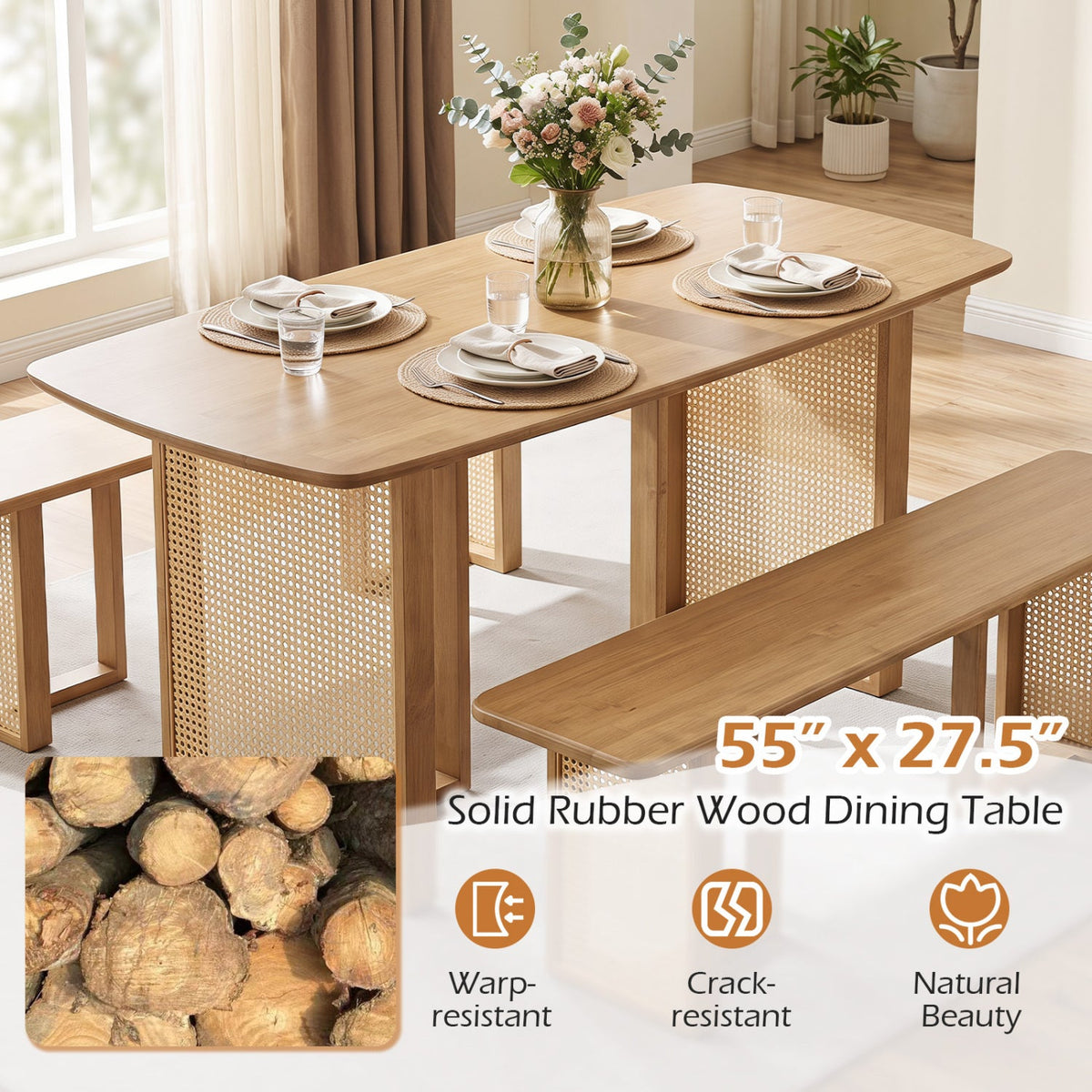 55" Dining Table Set with 2 Benches for 4 People