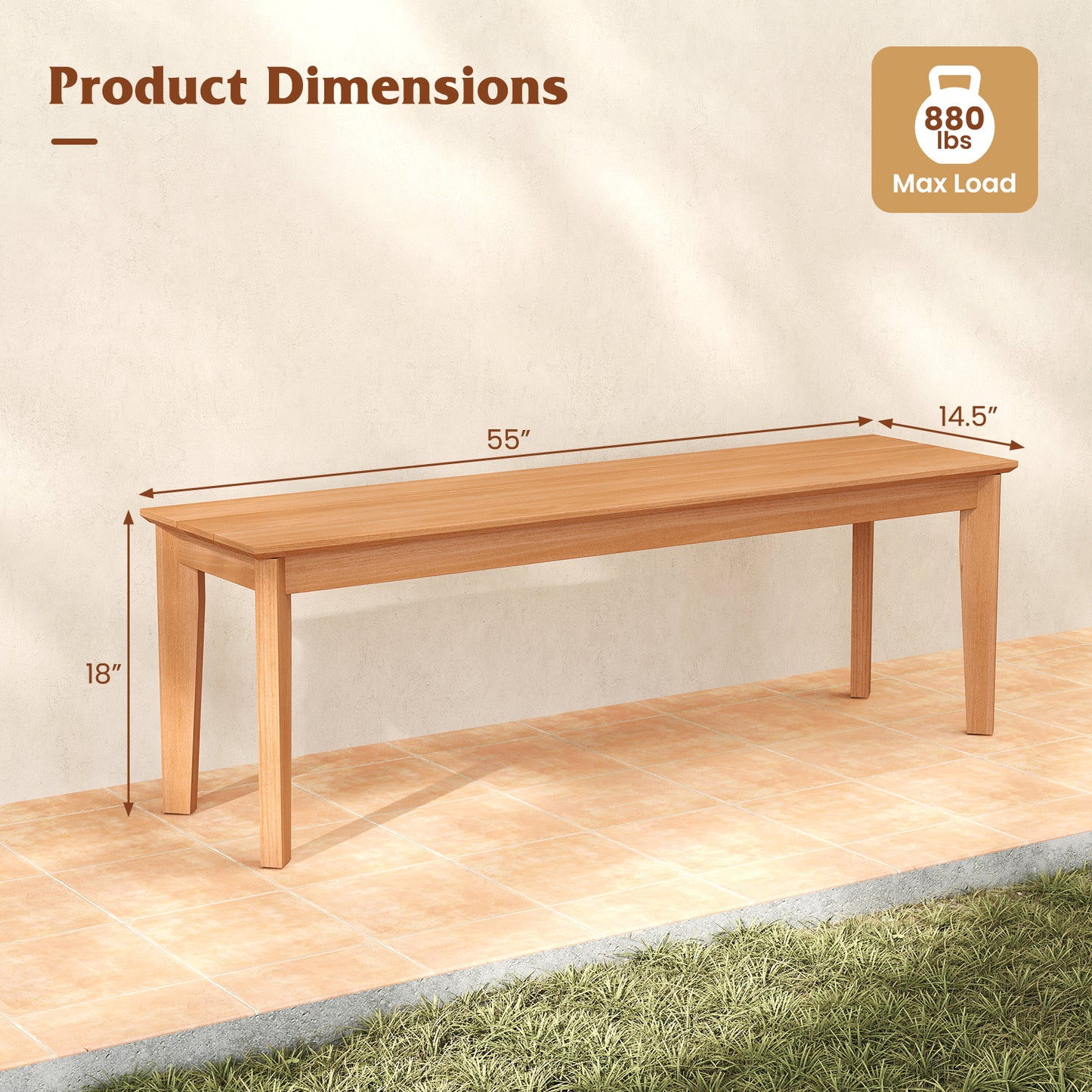55-Inch Teak Wood Outdoor Bench – 880 LBS Capacity