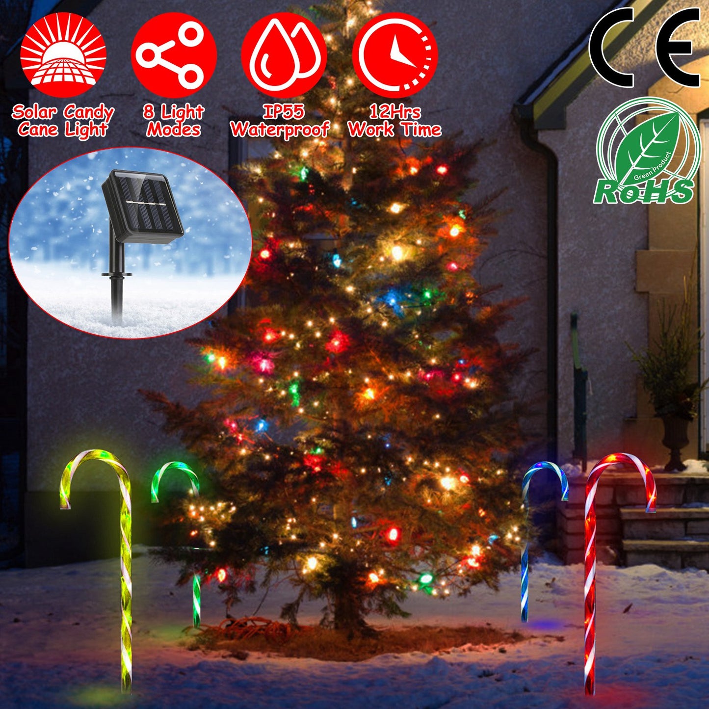 Solar Candy Cane Pathway Lights - 4 Pack with 8 Light Modes
