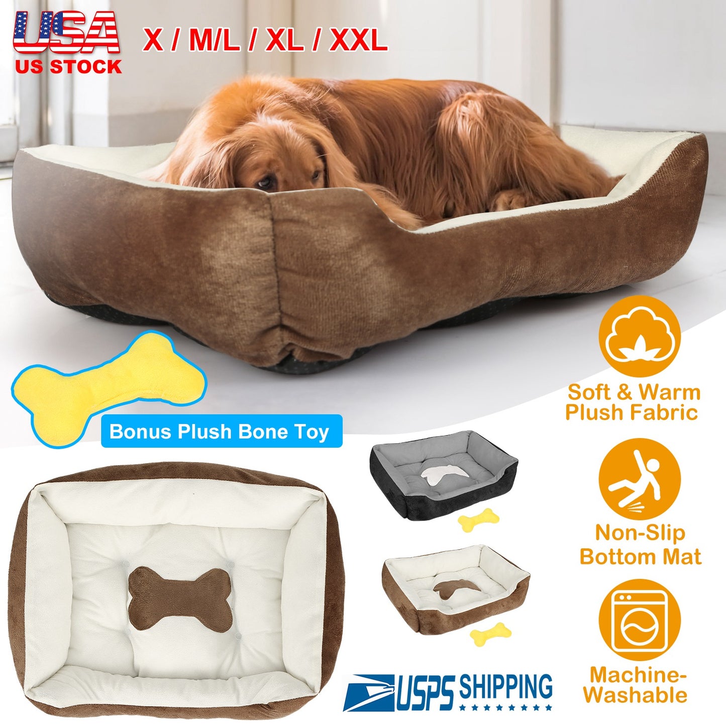 Plush Dog Bed with Non-Slip Bottom & Bonus Toy