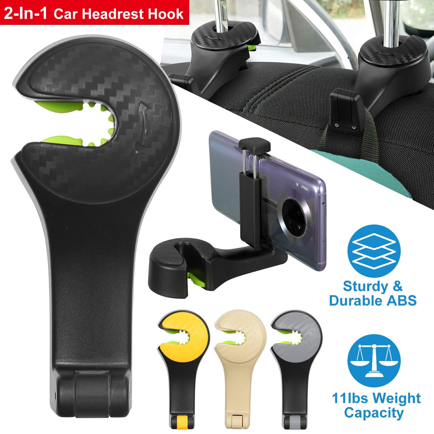 Car Headrest Hook with Phone Holder and Locking Design