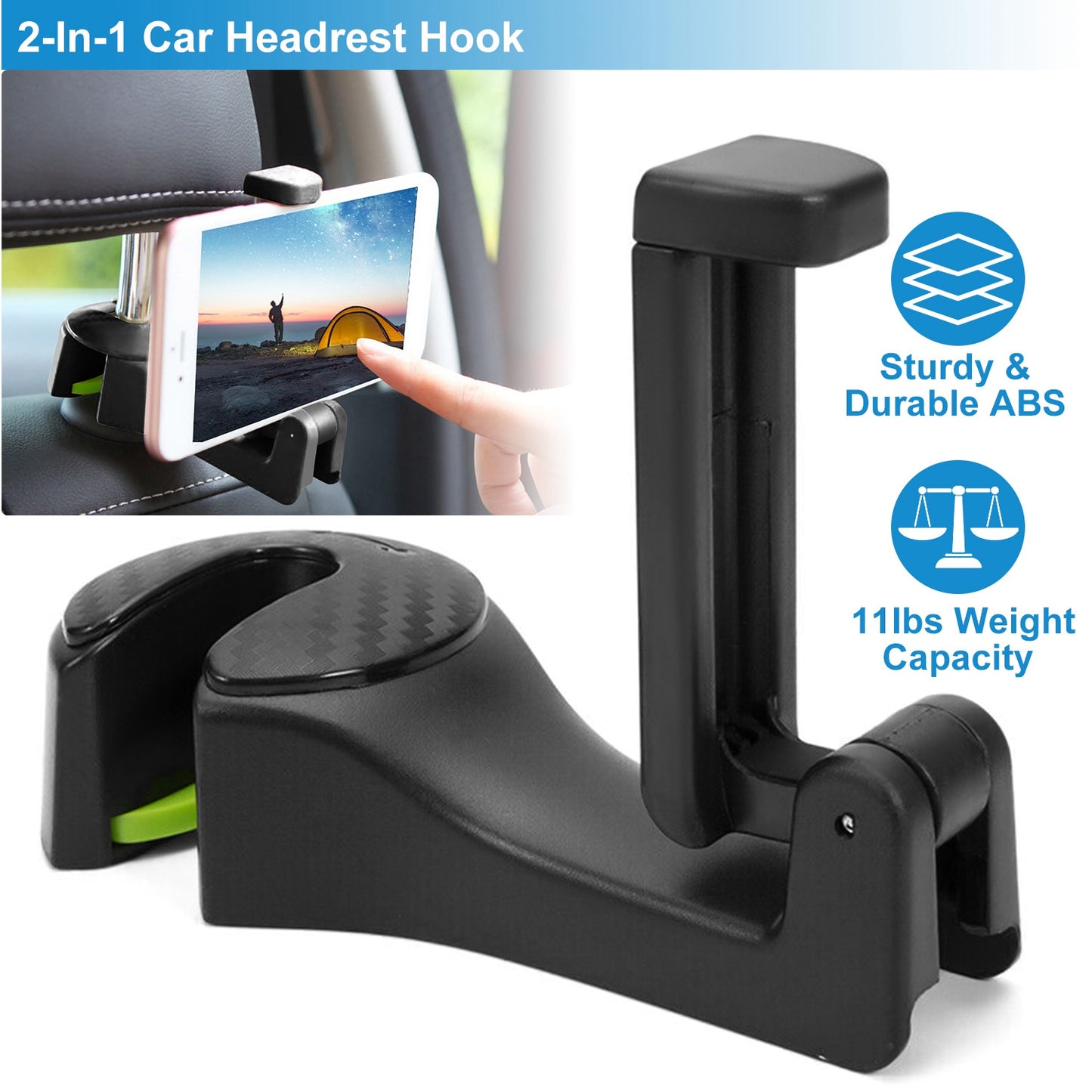 Car Headrest Hook with Phone Holder and Locking Design