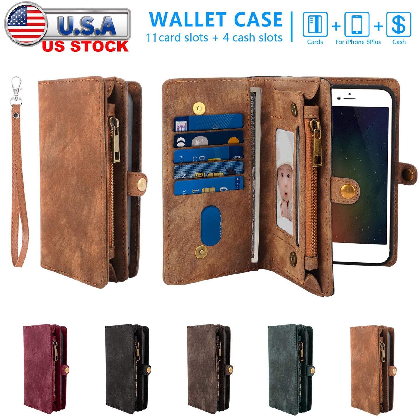 iPhone 8 Plus Wallet Case with 15 Card Slots & Detachable Cover