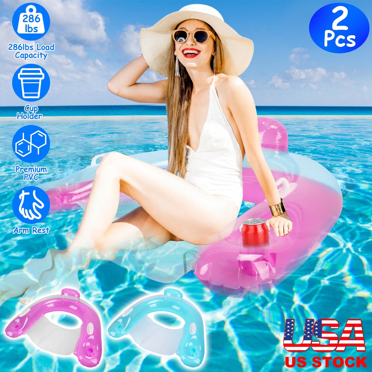 Inflatable Pool Float Chair with Cup Holders - 2 Pack