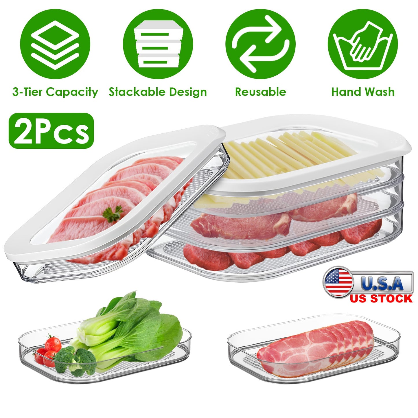 Stackable Deli Meat Container with Lid - 2 Pack 3-Tier