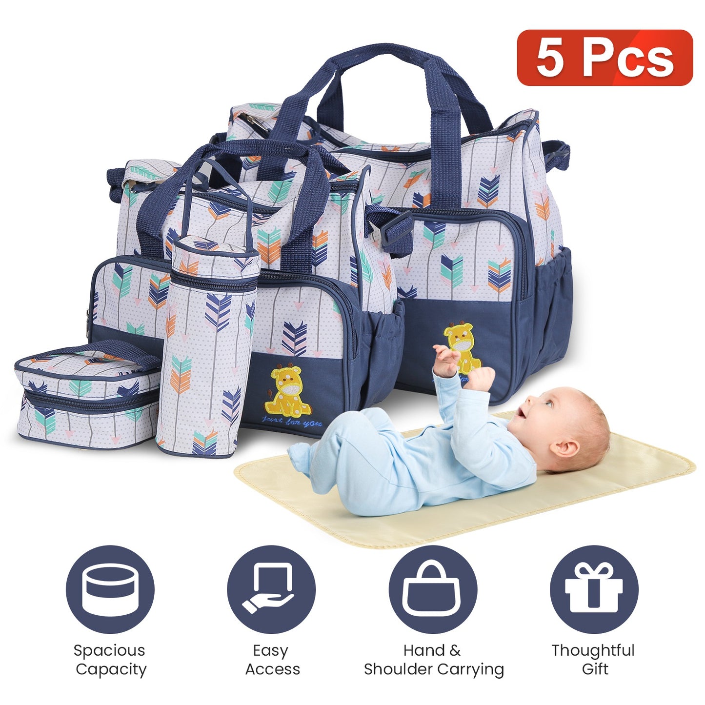 5-Piece Diaper Bag Set with Bottle Bag and Changing Pad