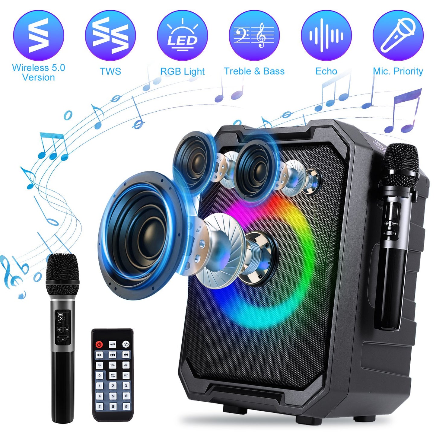 Portable Wireless Party Speaker with LED Lights & 2 Mics