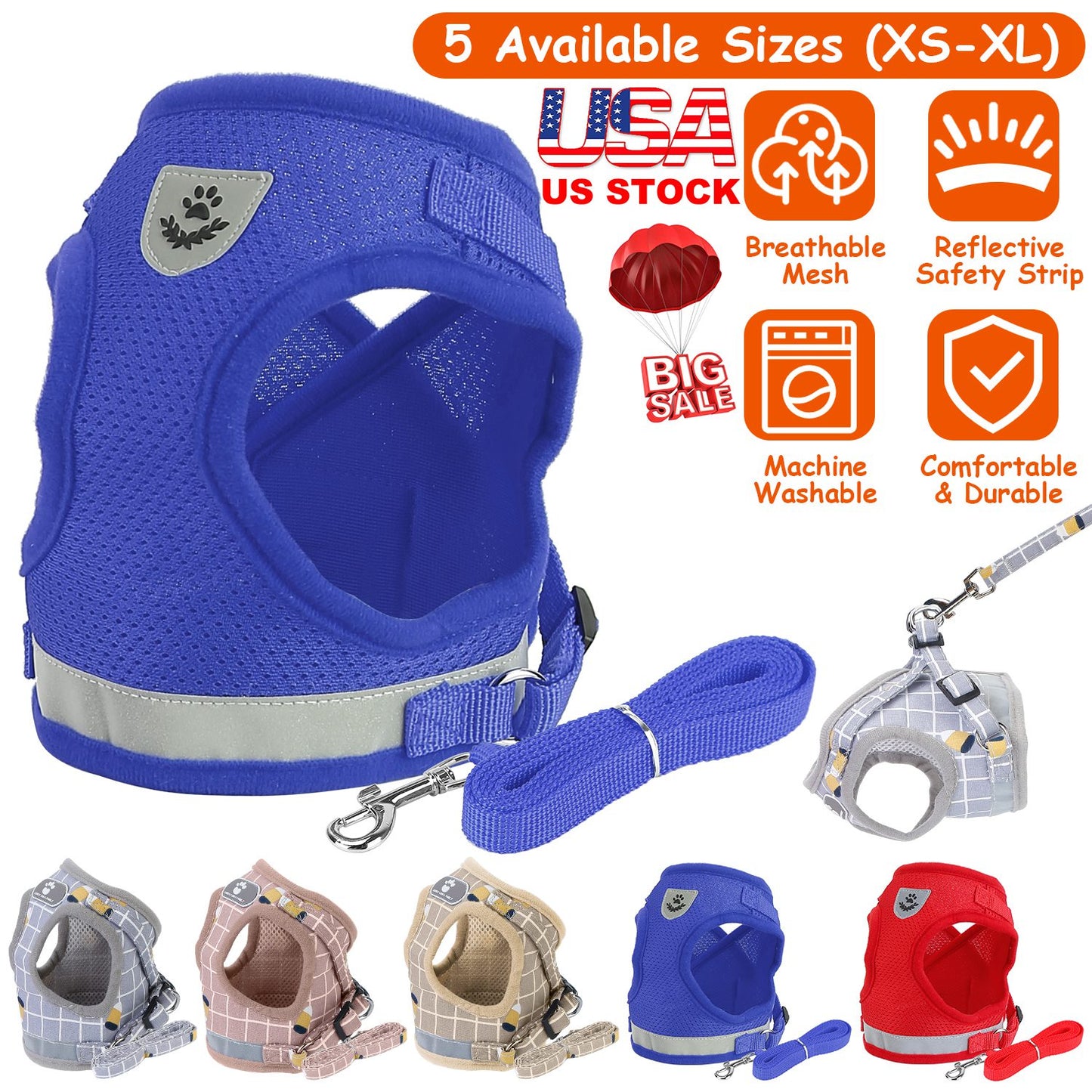 Reflective Dog Harness and Leash Set with Adjustable Mesh Vest