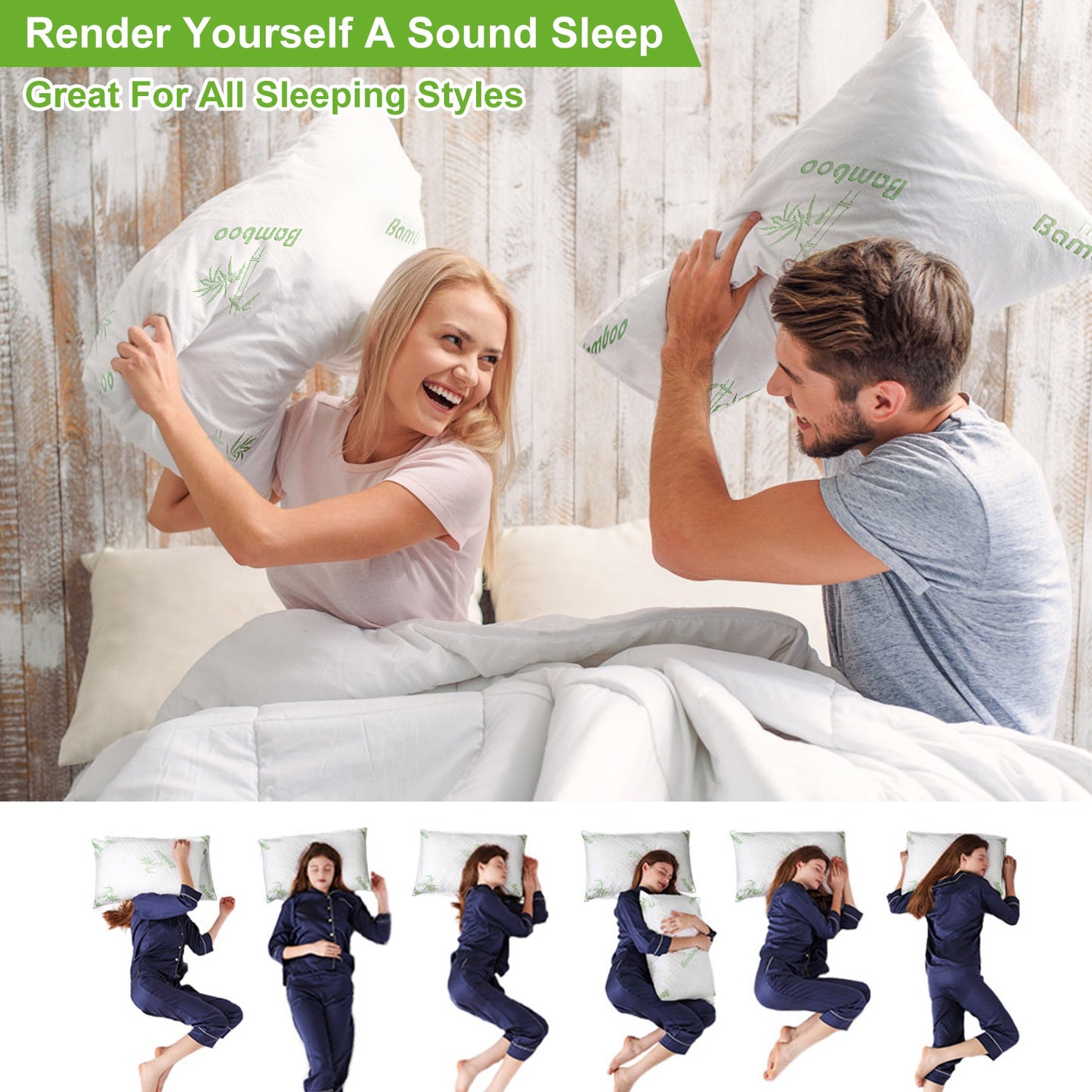 Memory Foam Pillow Set with Bamboo Cover - Queen Size (2-Pack)